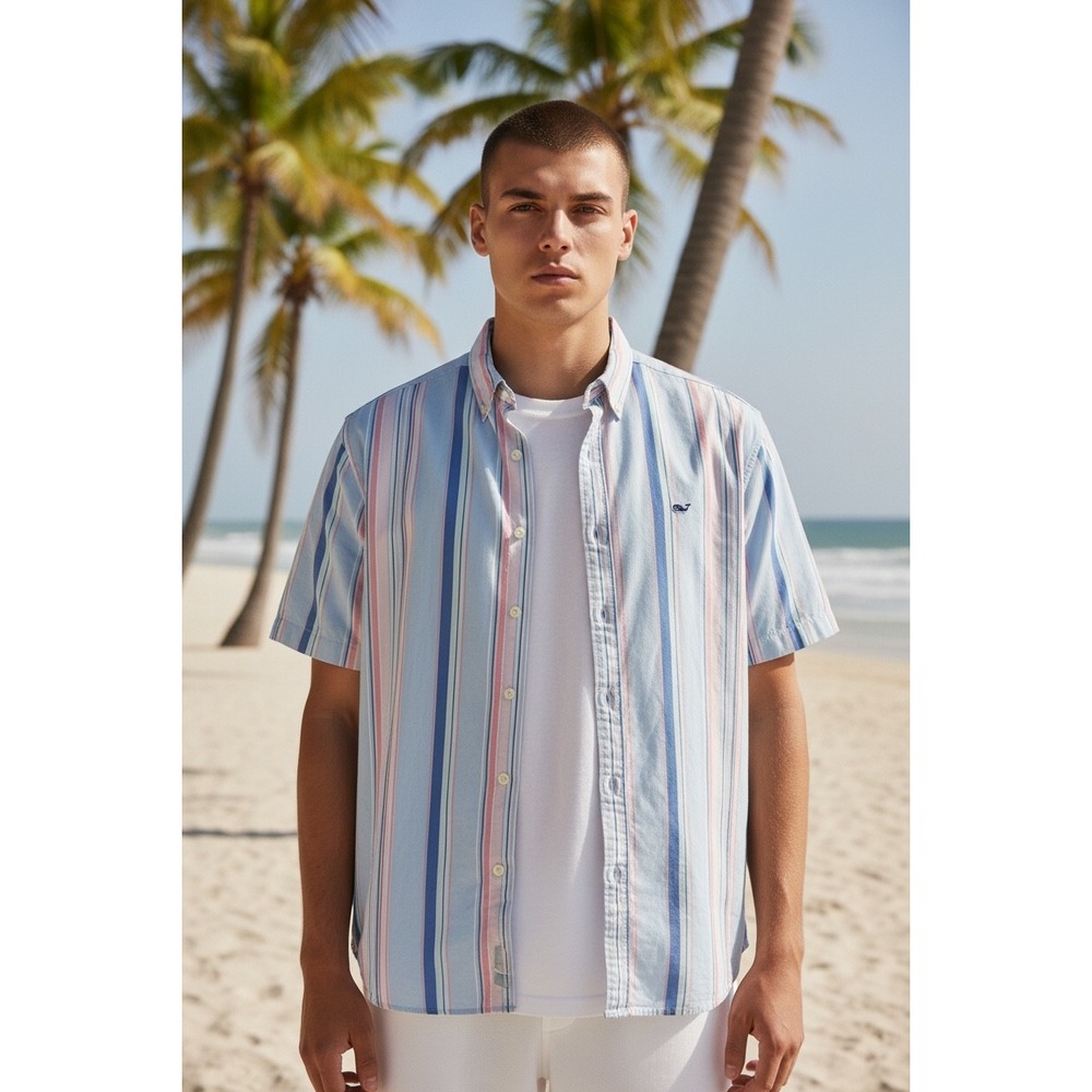Vineyard Vines Mens Whale Shirt Short Sleeve Striped Button Down Size L